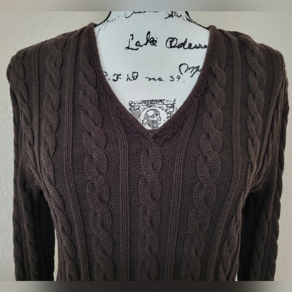 Lauren Ralph Lauren Women's Chunky Cable Knit V-Neck Sweater•Brown•100% Cotton•L - Picture 2 of 8